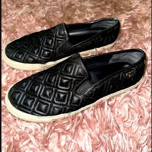 Authentic Tory Burch Jesse Quilted Women 6.5 Black Shoes SlipOn Sneakers Leather